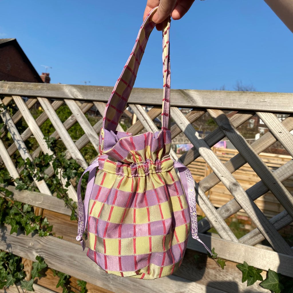 Recycled fabric drawstring pouch